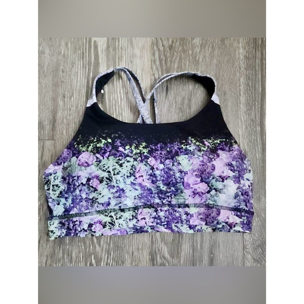 Lululemon Purple Floral Sports Bra Strappy Back Medium Support Athletic Size S/6